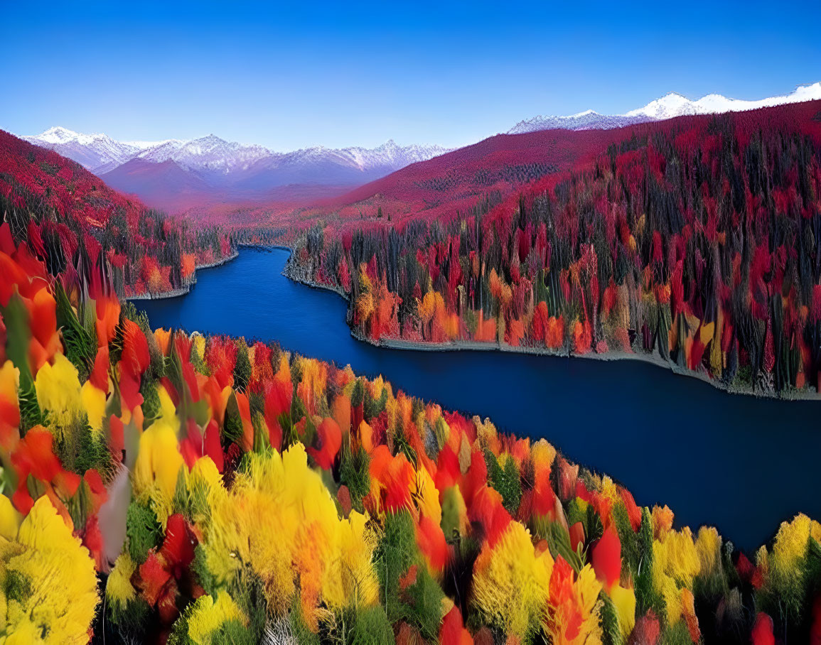 Colorful autumn landscape with river, foliage, and mountains