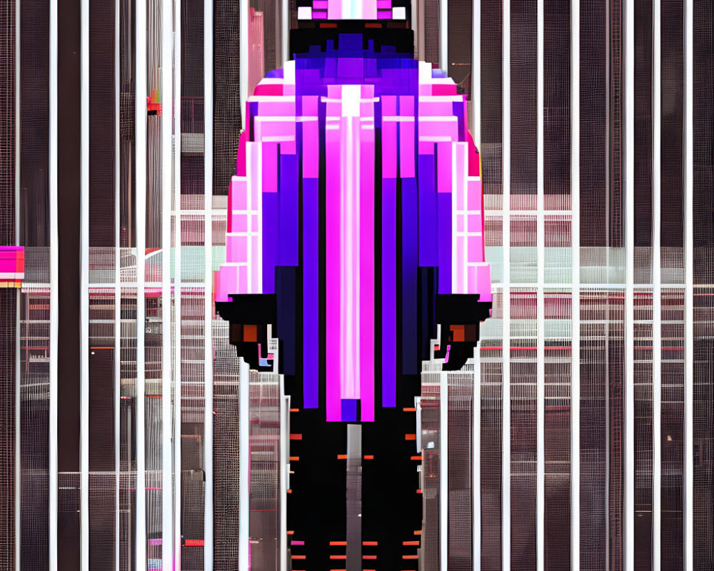 Glitch art style pixelated figure in purple and black colors against distorted cityscape.