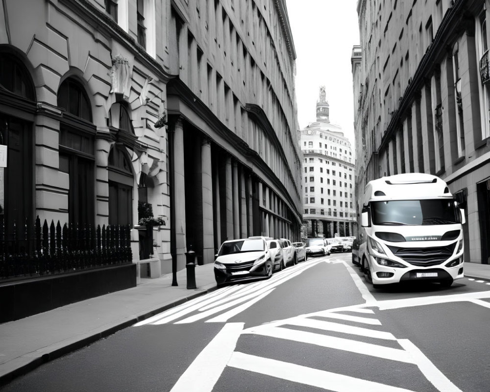 Monochrome urban street with parked cars and modern building