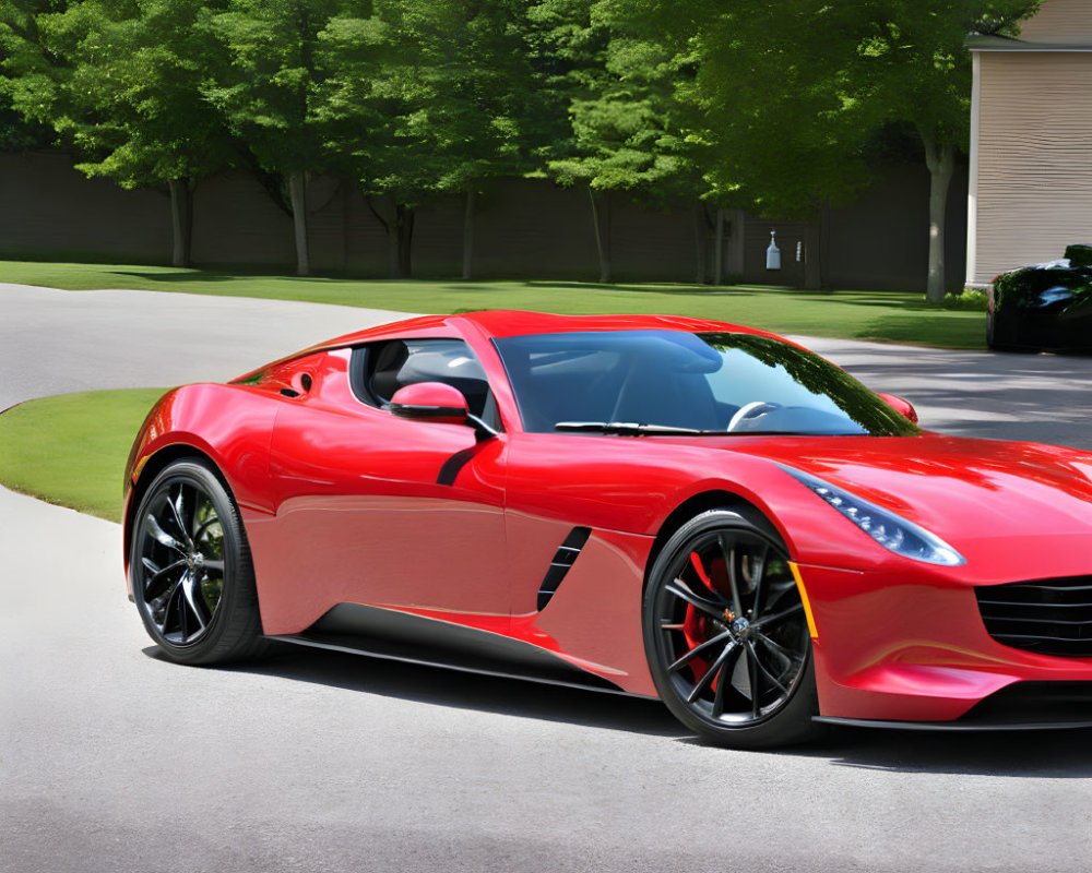 Red Sports Car with Black Wheels Parked on Sunny Street