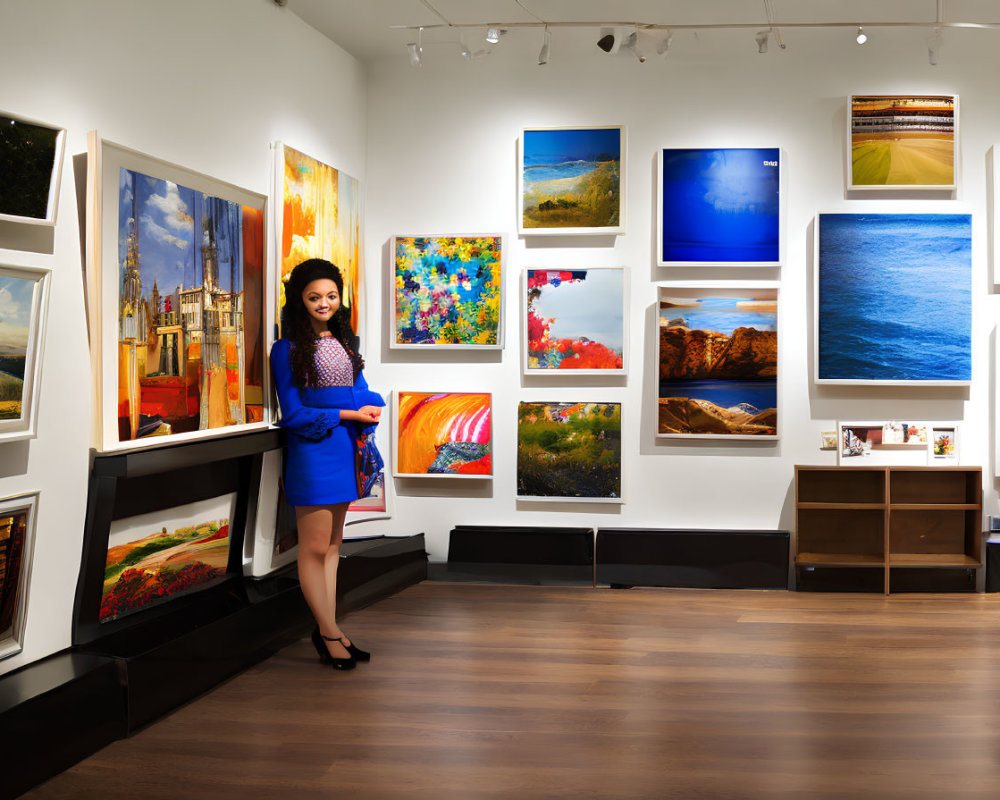 Art gallery with woman in blue dress and diverse paintings on walls.