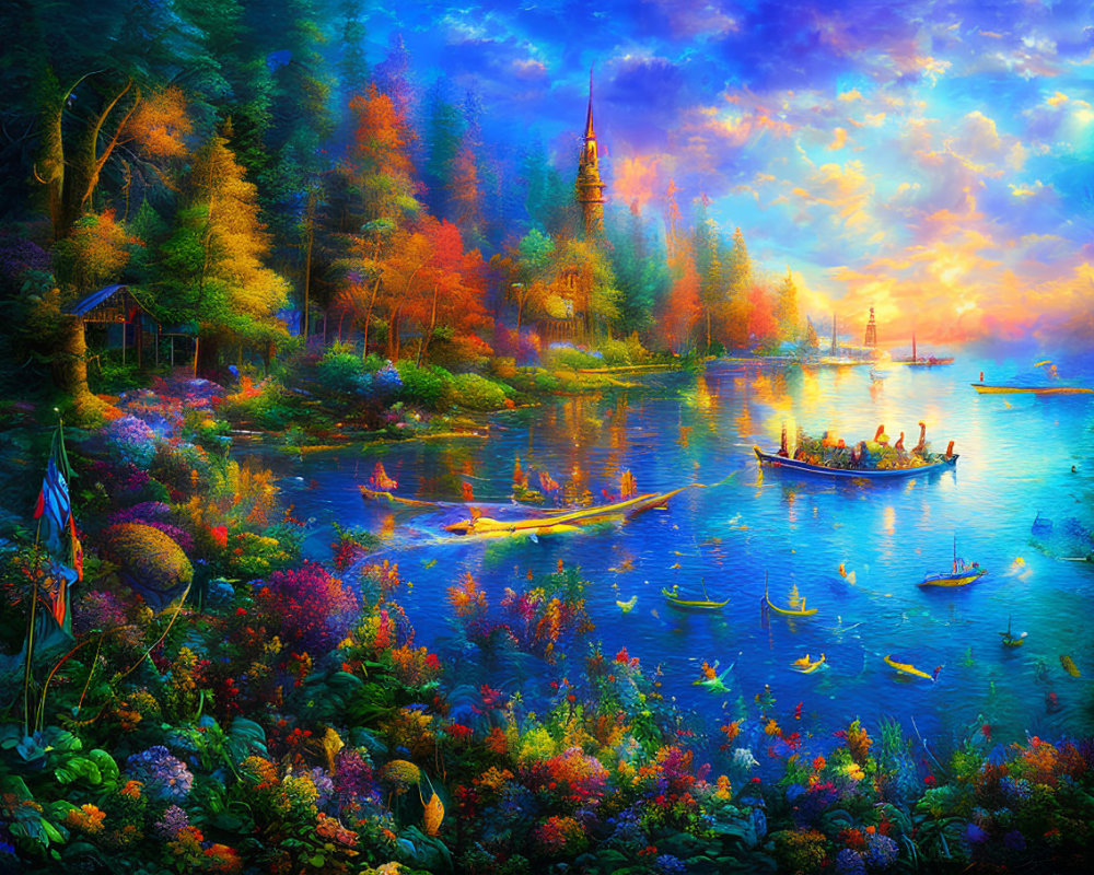 Colorful Landscape with Lake, Forests, Boats, Village, and Sunset Sky