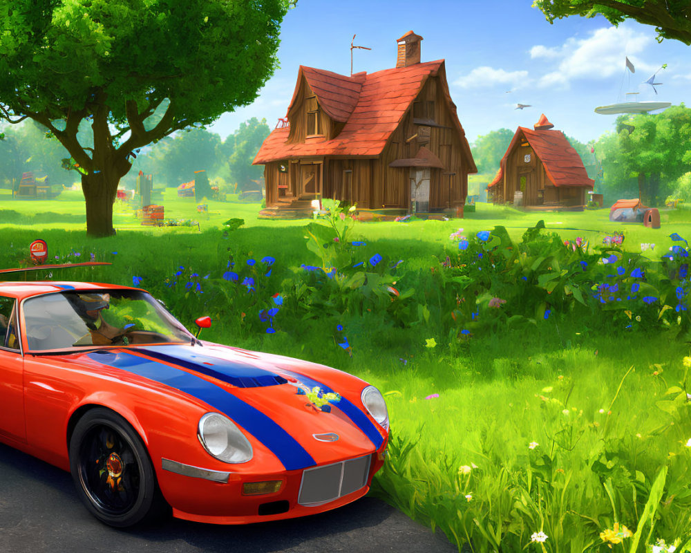 Colorful countryside landscape with red sports car, cottages, fields, and UFO in sky