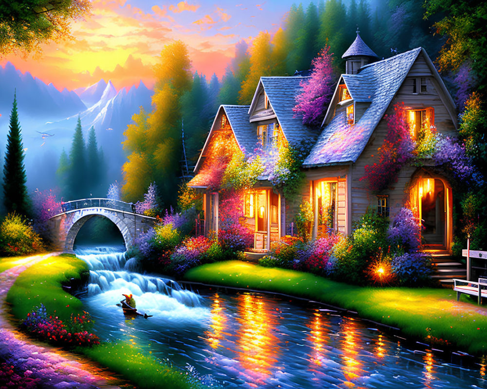 Cottage by Stream with Flowers, Bridge, and Twilight Sky