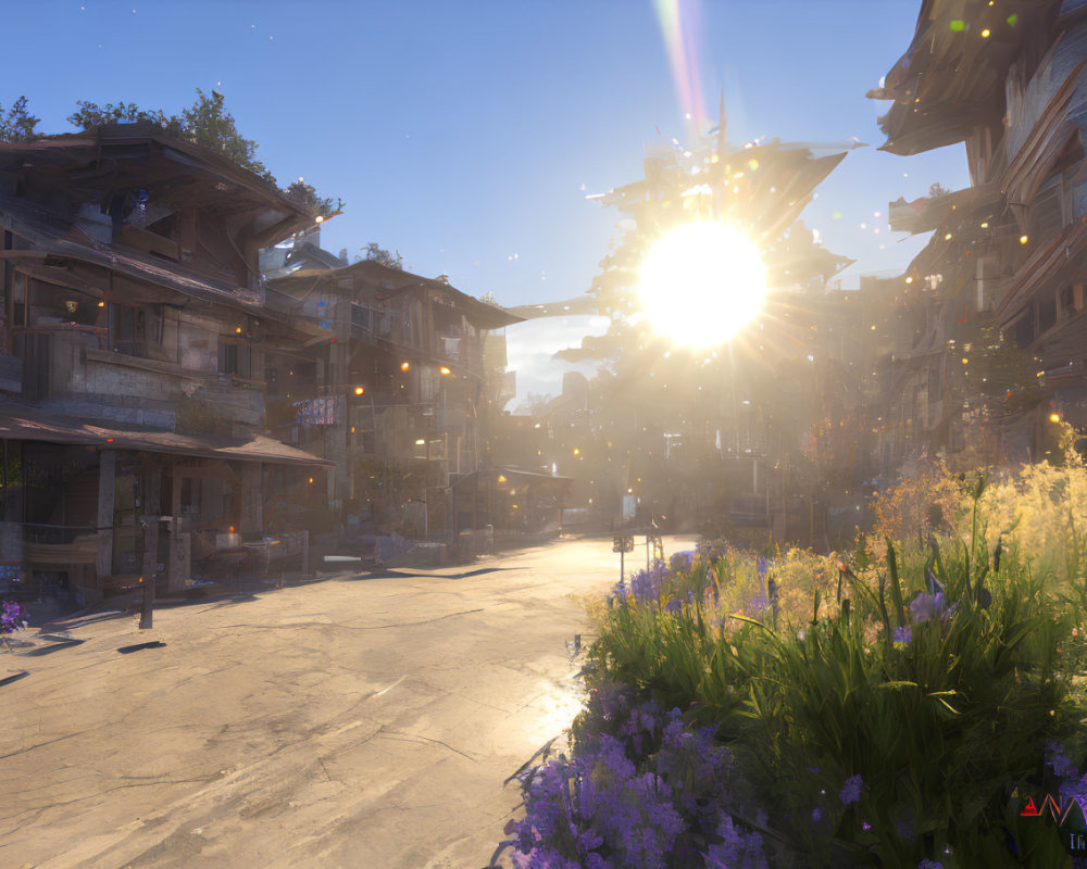 Traditional village street at sunrise with wooden buildings, cobblestone paths, lush greenery.