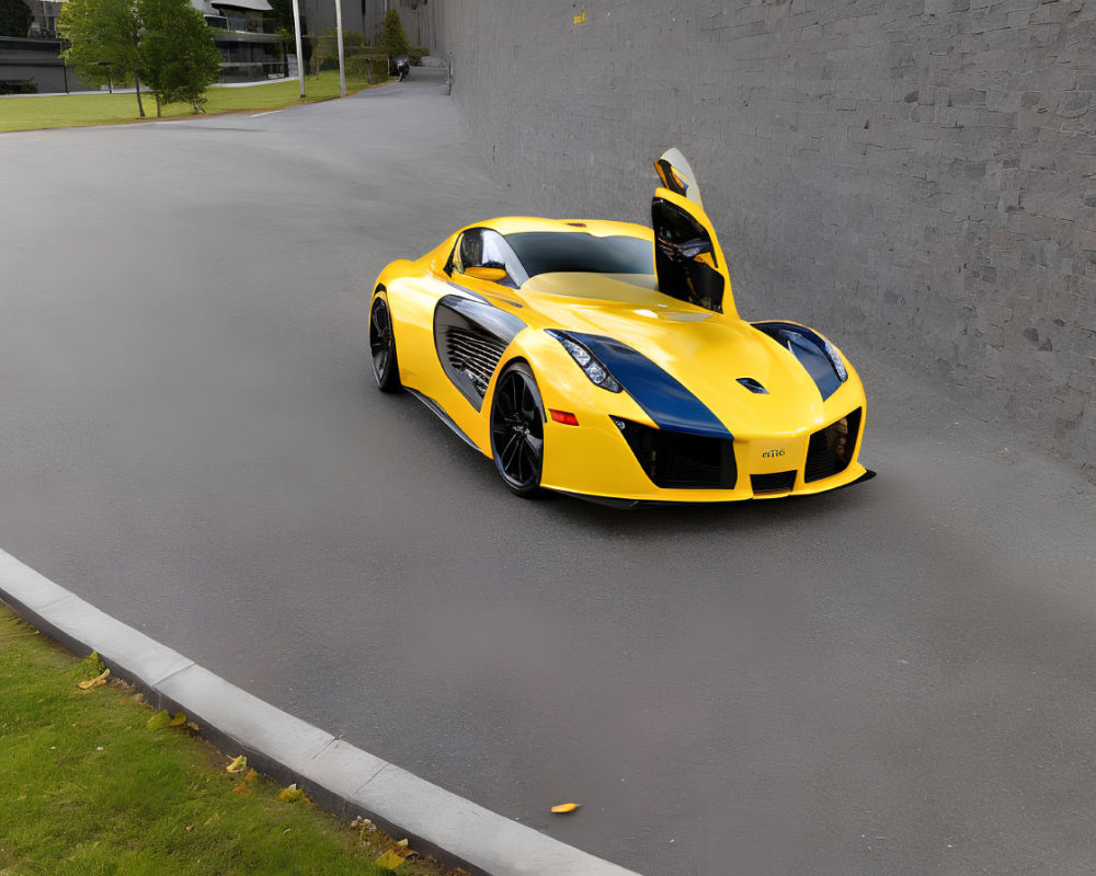 Bright yellow sports car with open gull-wing doors against gray wall.