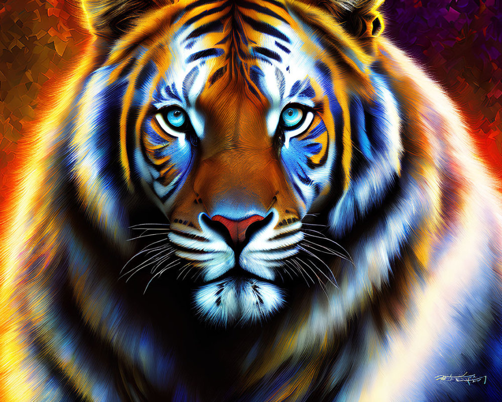 Vibrant Tiger Face Art with Blue Eyes on Fiery Background