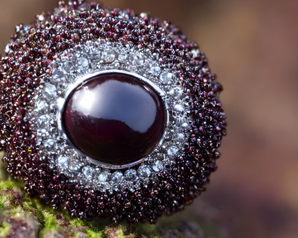 Dark Gemstone Ring Surrounded by Sparkling Crystals on Natural Surface