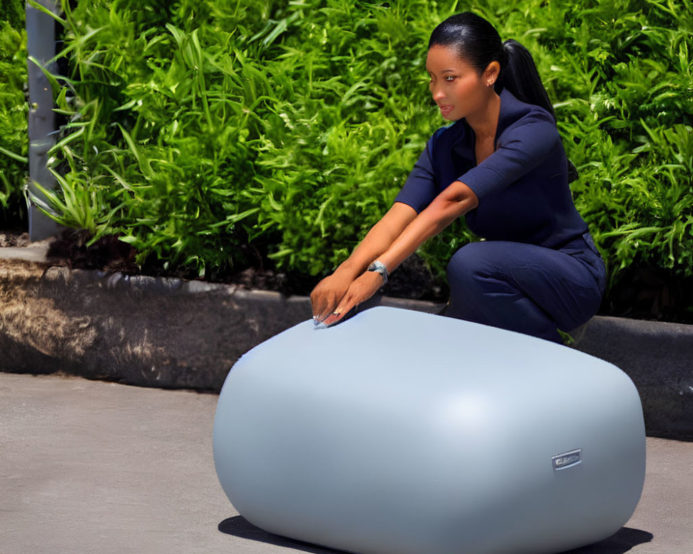 Woman in dark outfit squatting beside large light blue object on pavement with lush green foliage background