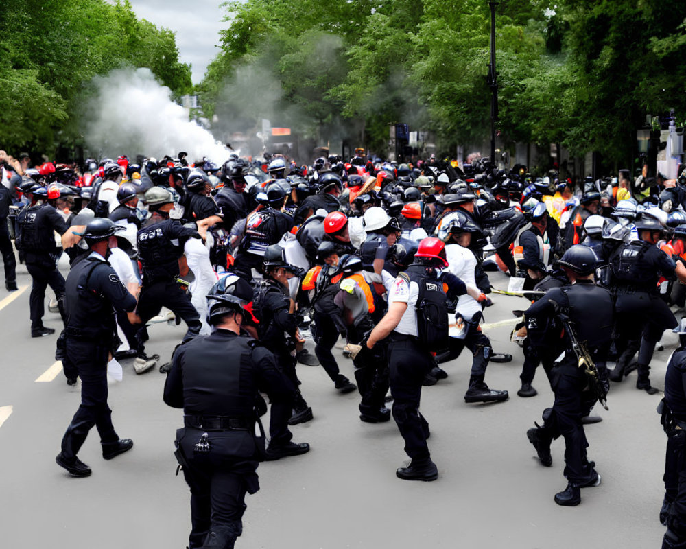 Police in riot gear clash with crowd on smoky street