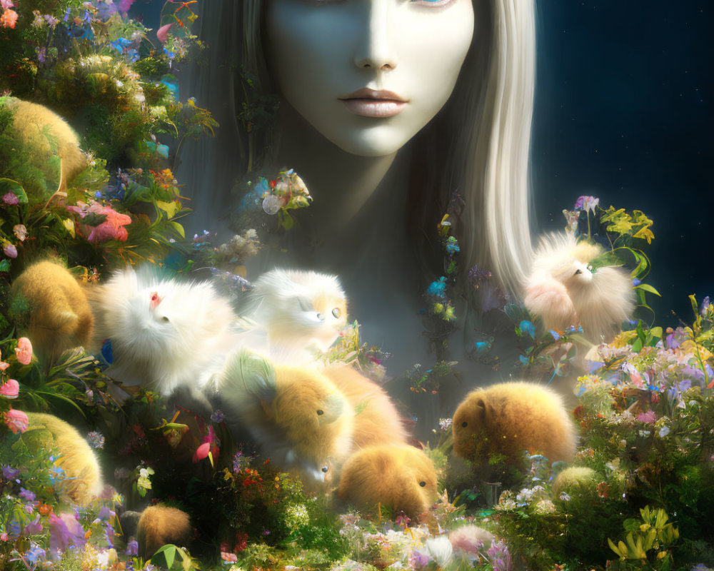 Surreal portrait of woman with pale skin and blue eyes in fantastical setting