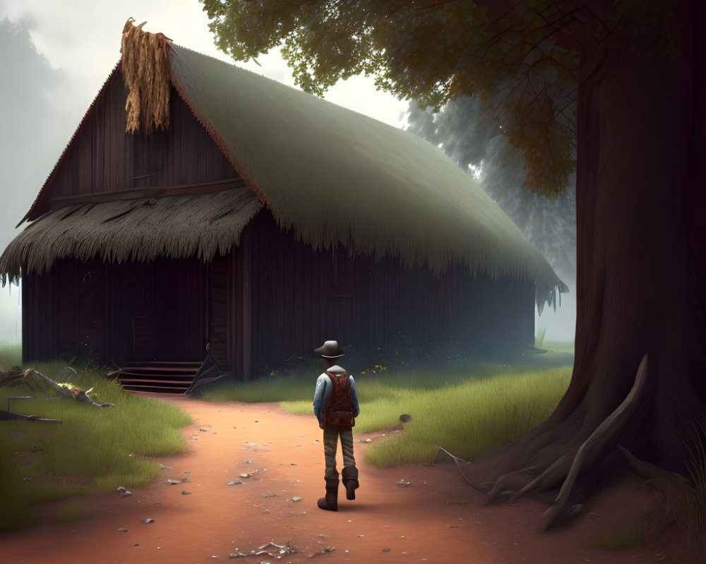 Person with hat and backpack near thatched-roof cabin in misty forest