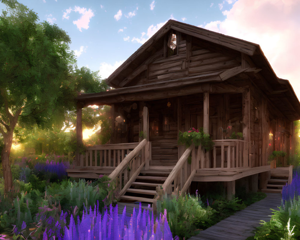 Cozy wooden cabin in garden with blooming purple flowers at sunset