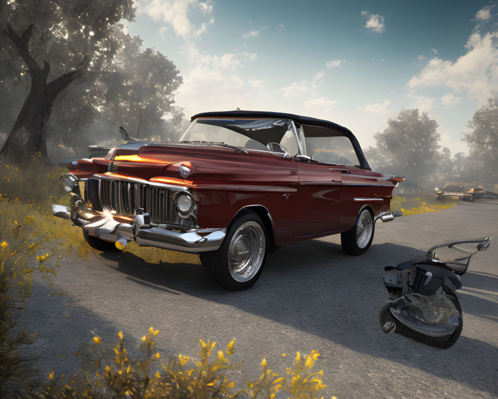 Vintage Red Convertible Car with Yellow Flowers and Fallen Scooter