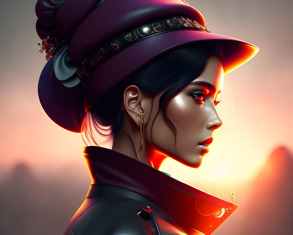 Futuristic woman in stylish hat with glowing earrings