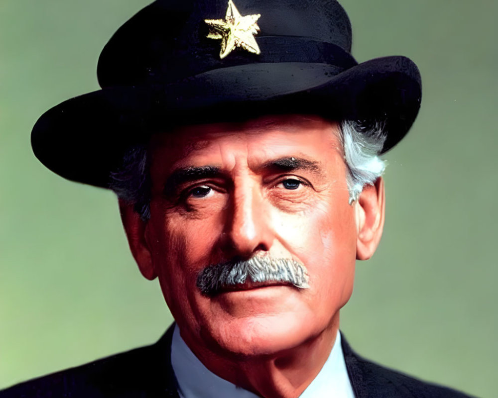 Elderly man in black fedora with gold star badge and gray mustache