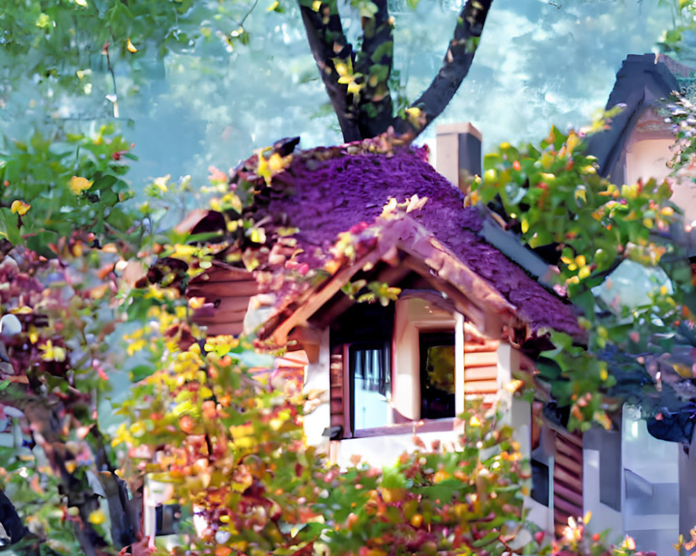 Purple-roofed house surrounded by lush greenery and colorful foliage.