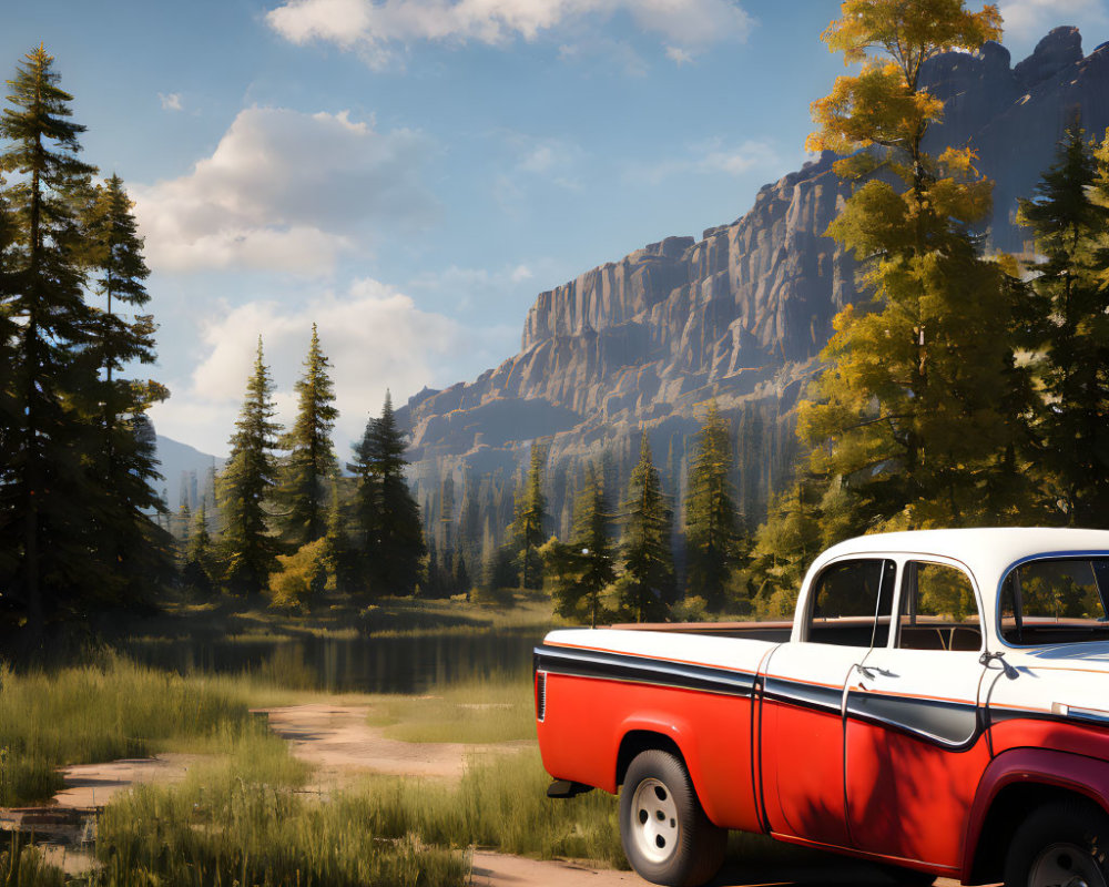 Vintage red and white pickup truck near forest path, tall trees, and mountains against clear blue sky