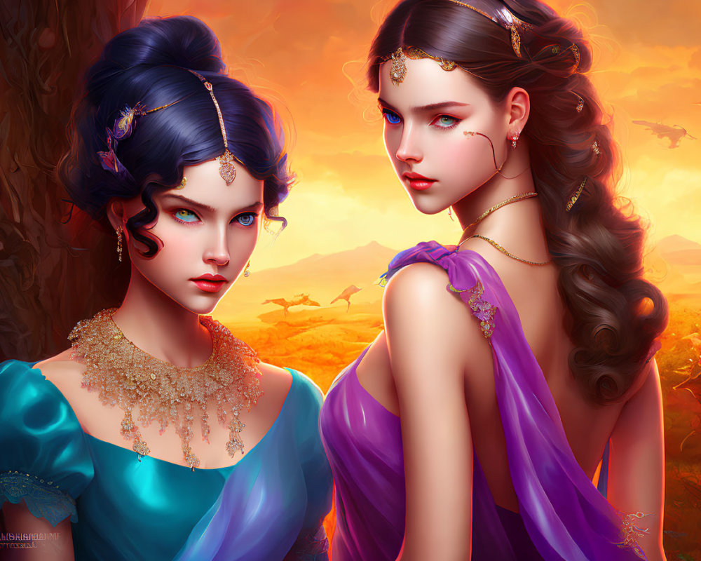 Fantasy women with intricate hair and jewelry in front of galloping horses on orange sky