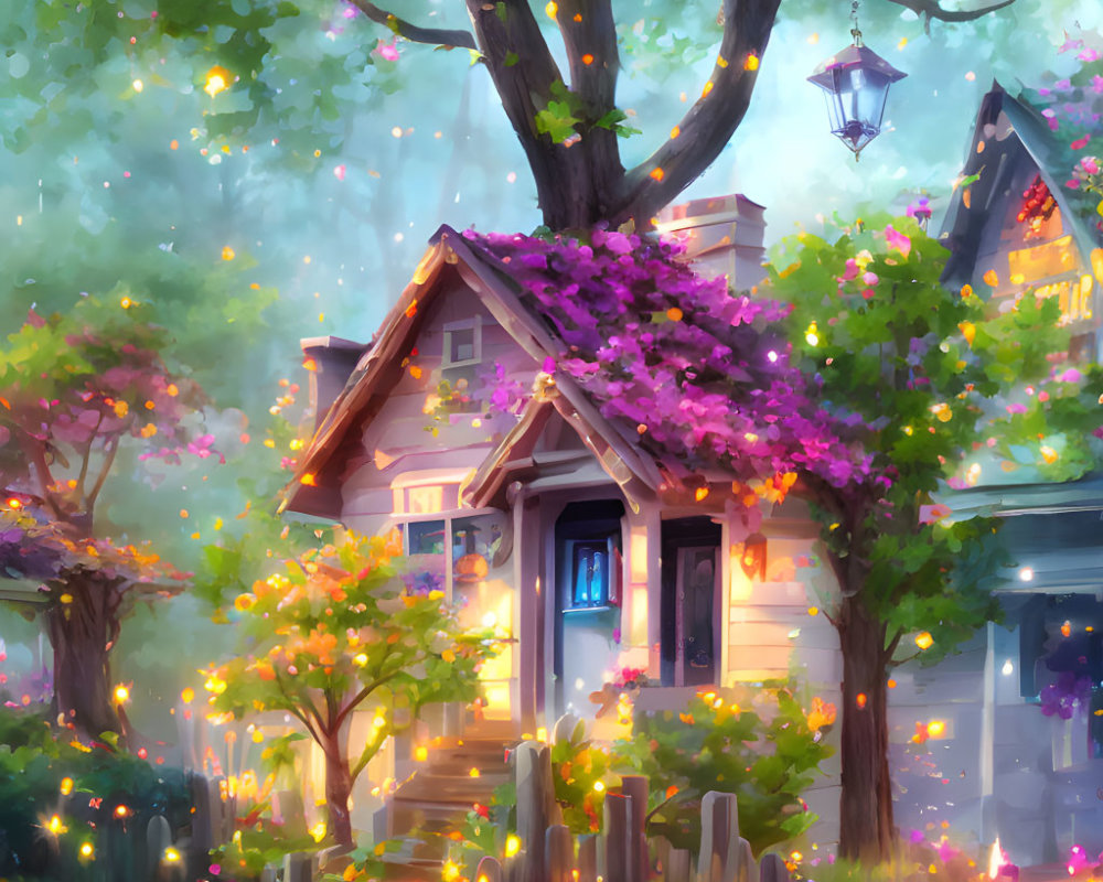 Charming cottage with purple flowers, greenery, and lanterns in twilight