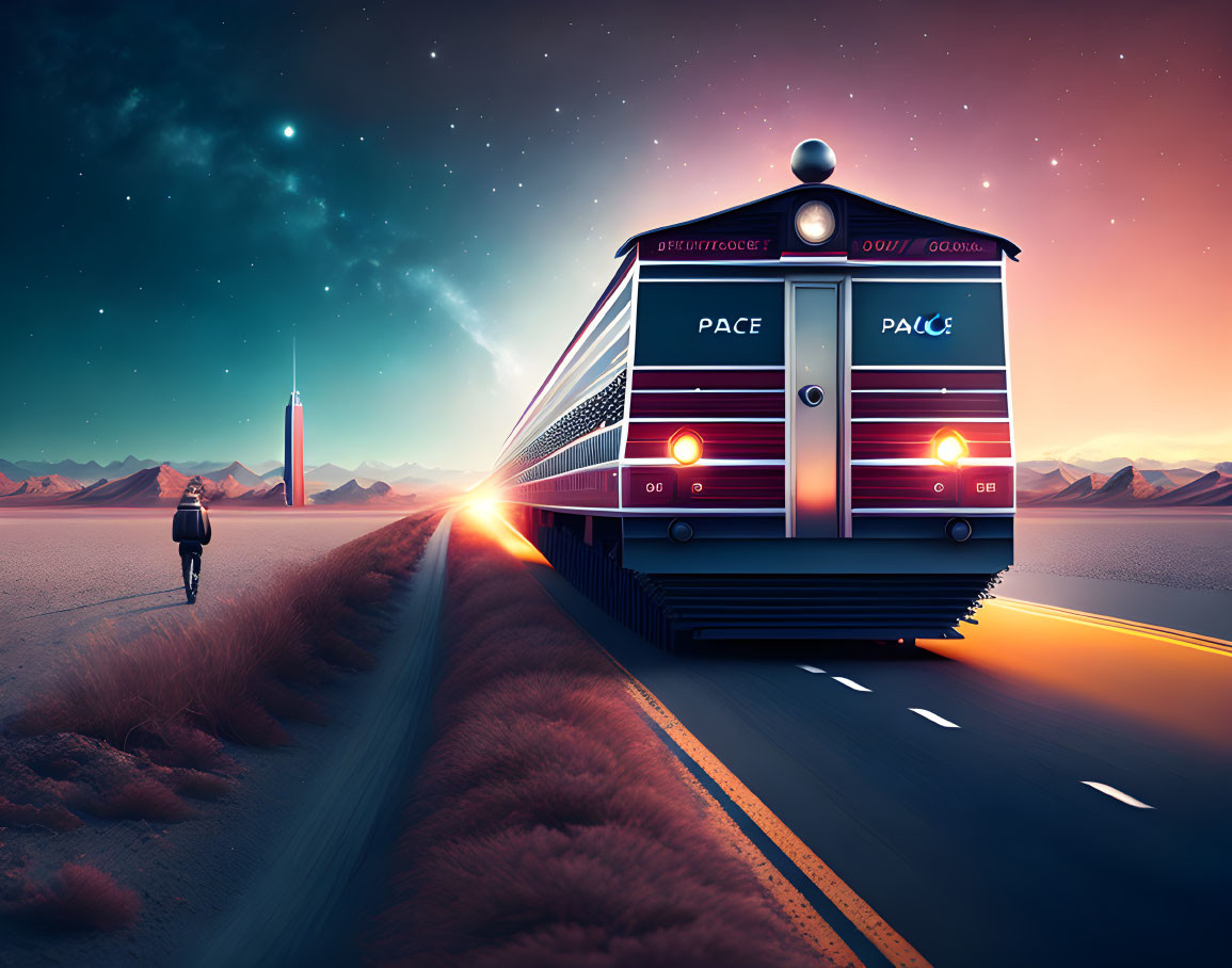 Person walking towards futuristic train on desert track at dusk with rocket launch in the distance