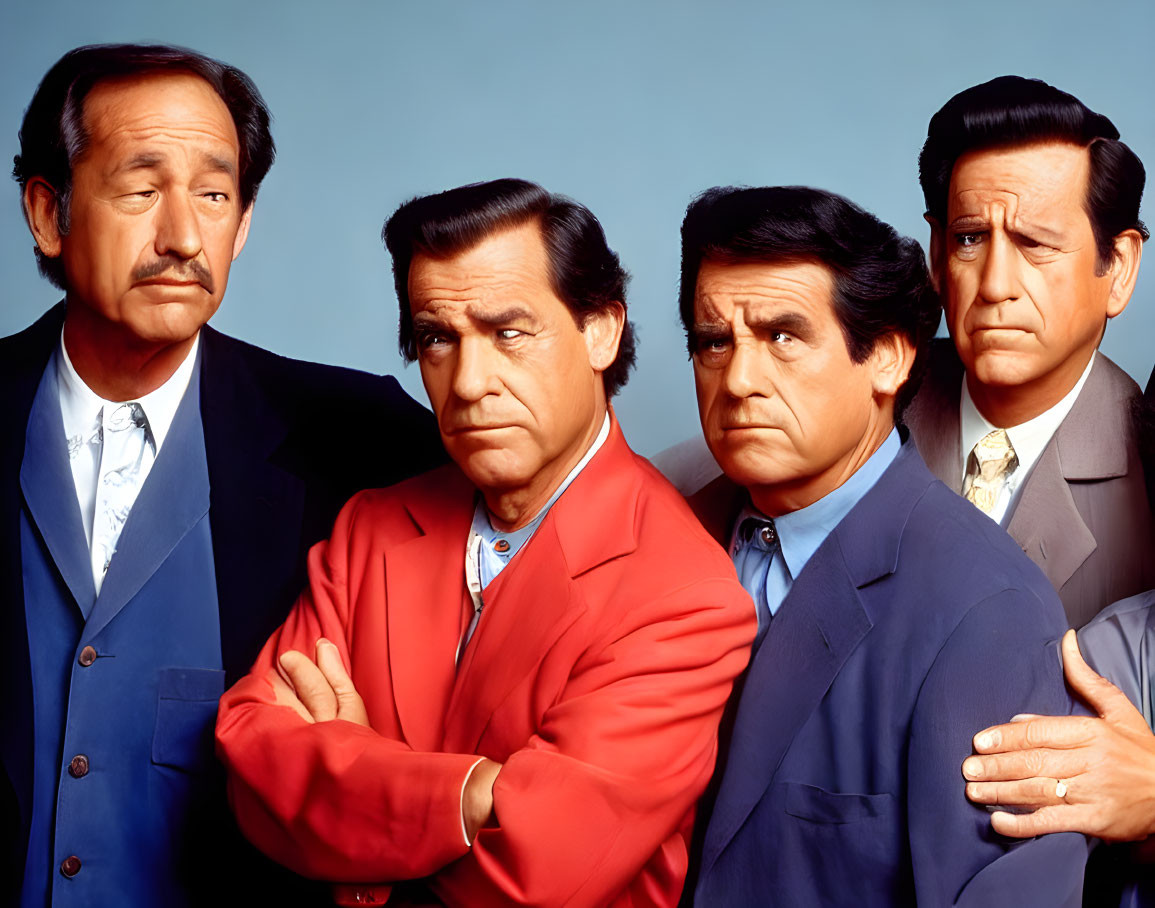 Four Men in Suits, One in Red, Three in Blue, Posing Against Blue Background