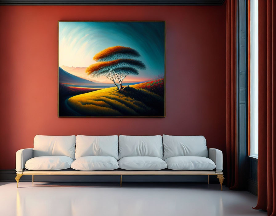 Colorful surreal landscape painting above white sofa in room with red walls