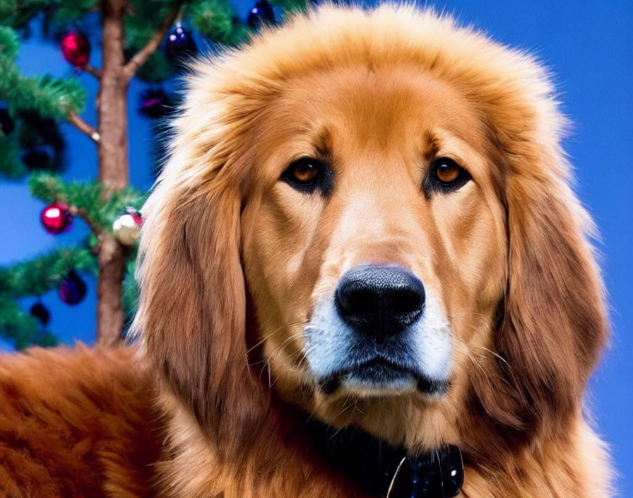 Serious Golden Retriever Dog by Christmas Tree