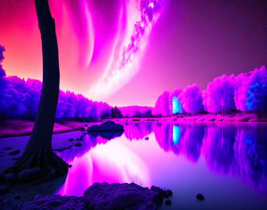 Tranquil lake with neon-lit trees under purple and pink aurora lights