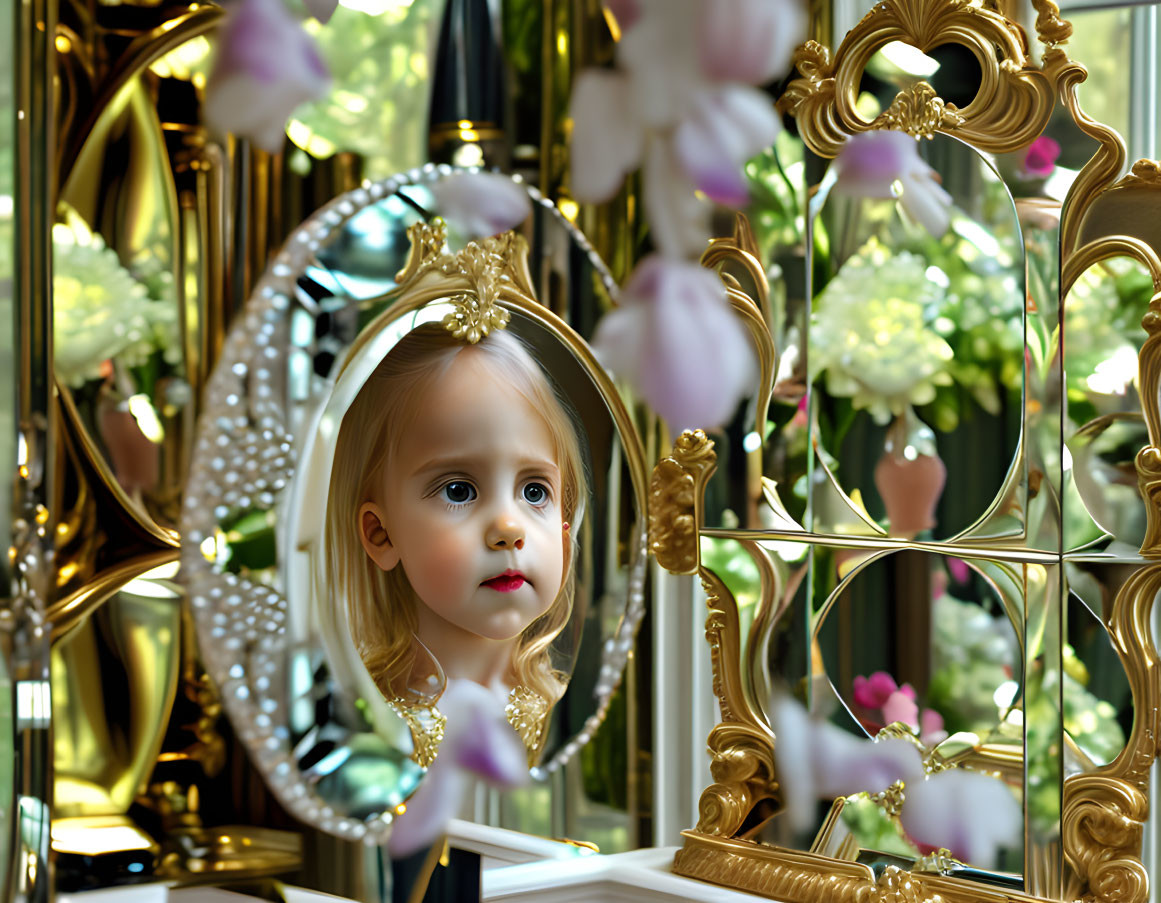 Blonde Girl Reflected in Ornate Mirror with Flowers