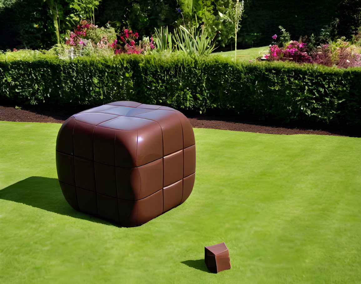 Brown Chocolate Bar Cube on Green Lawn with Flowerbeds