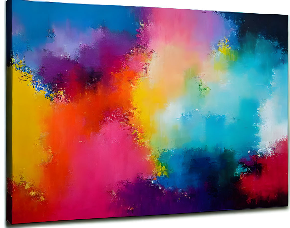 Colorful Abstract Painting on Canvas with Blue, Pink, Orange, and Yellow Hues