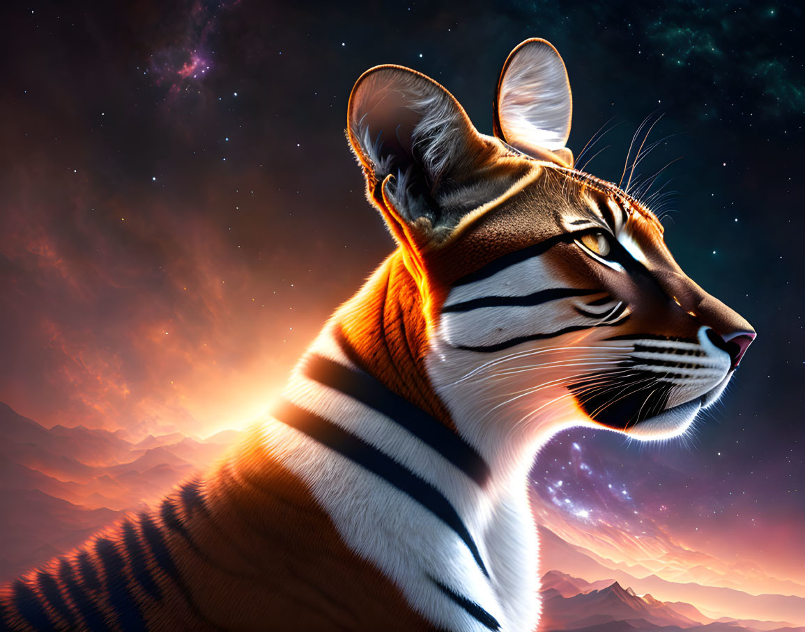 Majestic tiger head against cosmic sunset backdrop