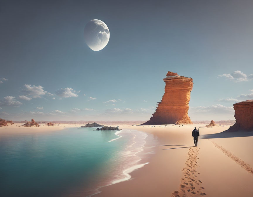 Person walking by serene blue lake near desert sandstone formations under large moon