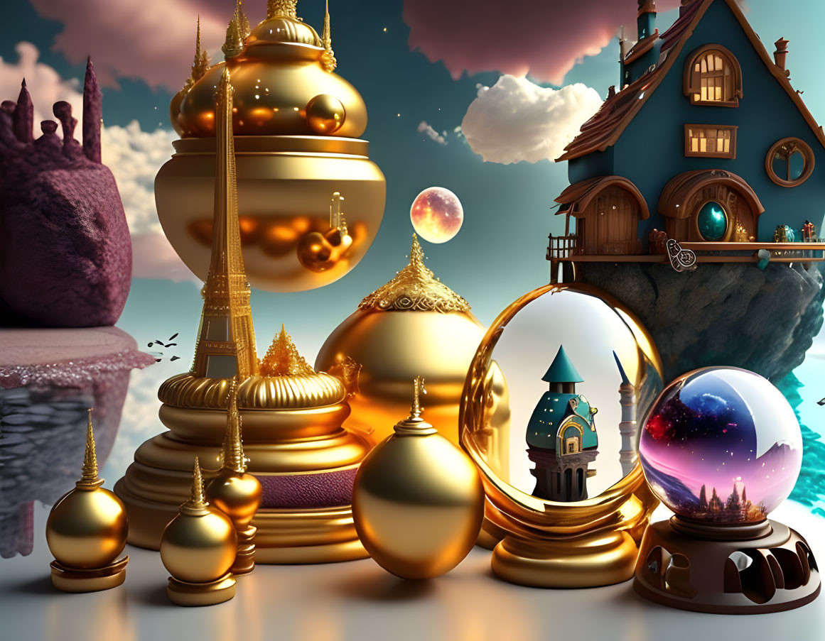 Fantasy landscape with floating islands and golden structures