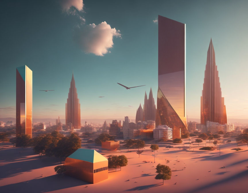 Futuristic sunset cityscape with skyscrapers and flying cars