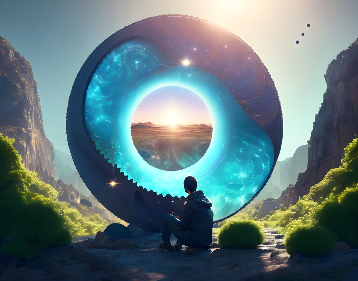 Person sitting by futuristic portal in serene desert landscape