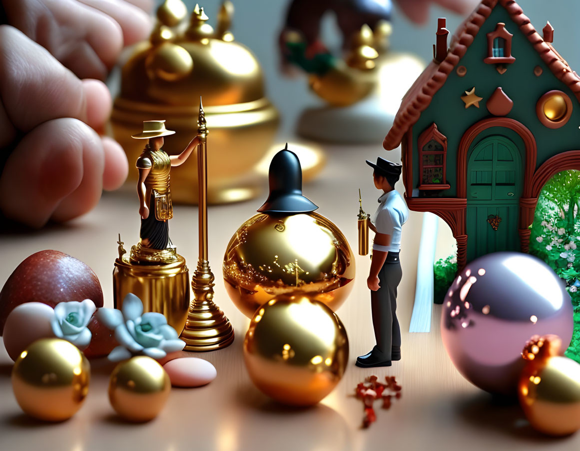 Colorful house with scattered baubles and miniature eggs on reflective surface