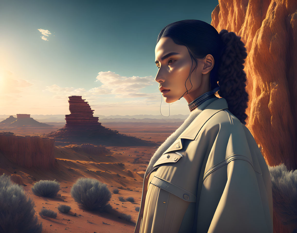 Woman with braided hair in desert landscape with rocky outcrop.