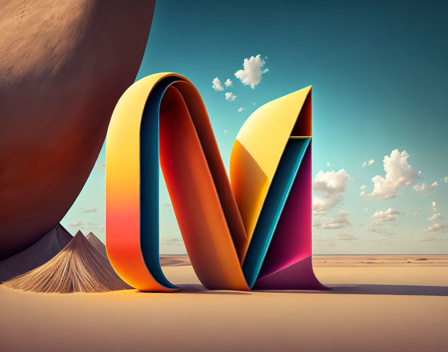 Colorful Abstract Ribbon Shape in Surreal Desert Landscape with Blue Sky