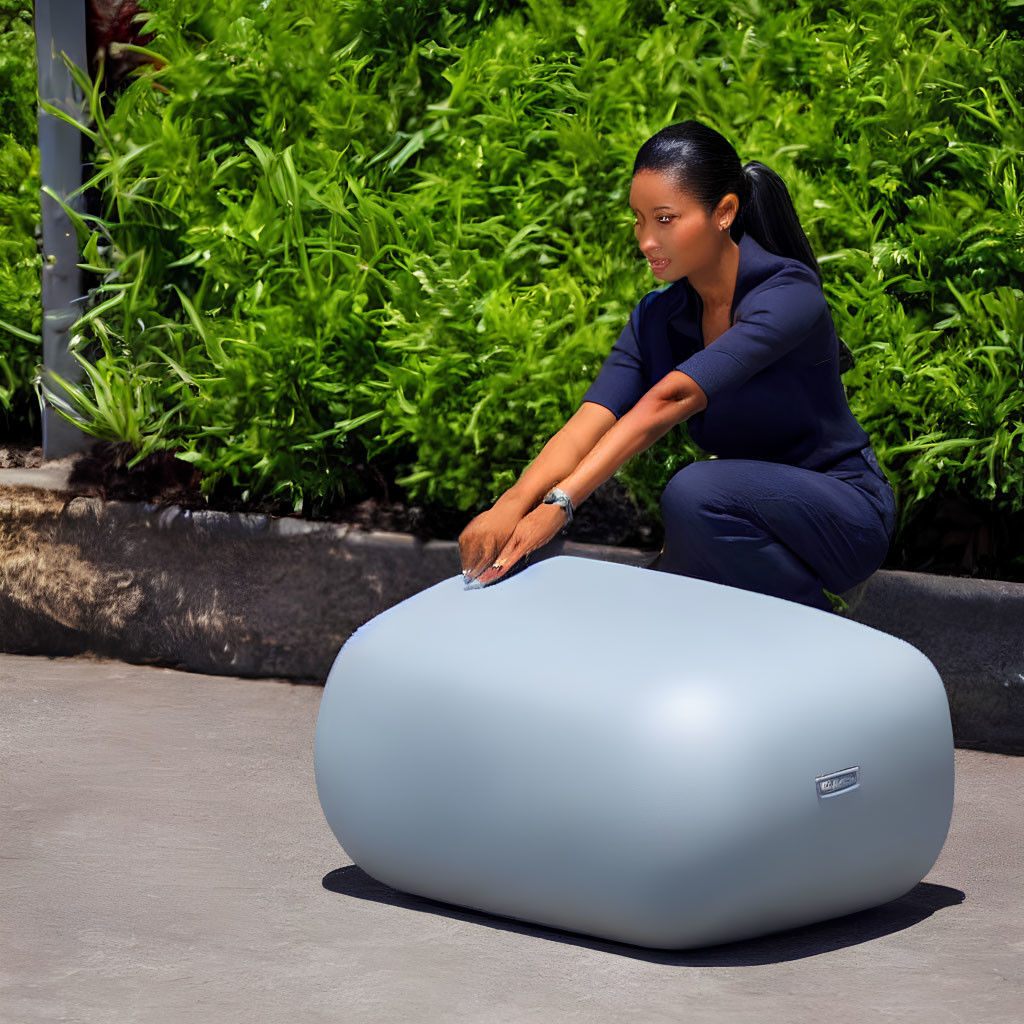 Woman in dark outfit squatting beside large light blue object on pavement with lush green foliage background