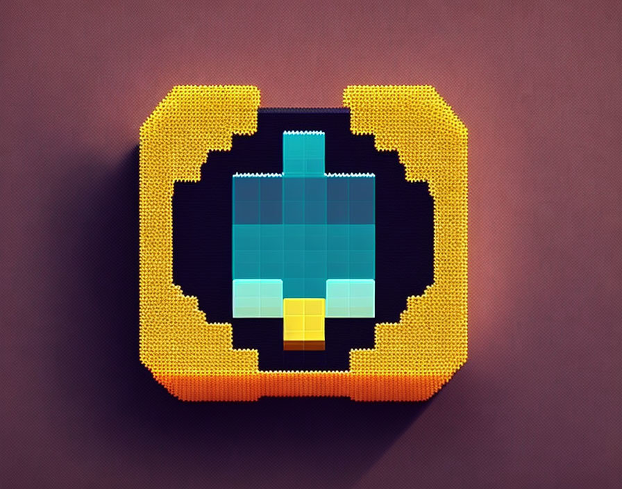 Pixelated gold coin on burgundy background - video game inspired art