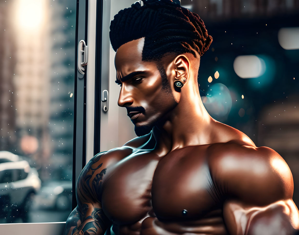 Muscular man with stern expression in digital art portrait