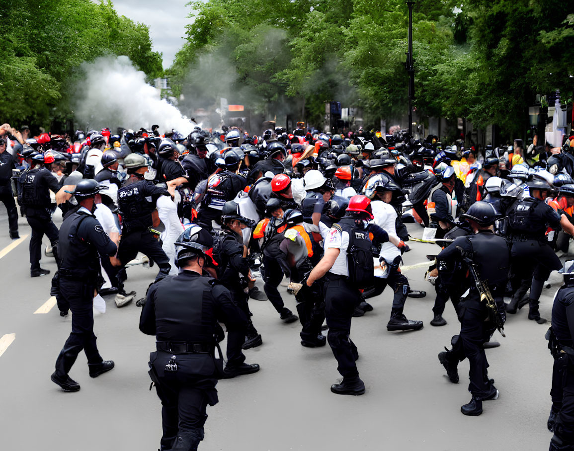 Police in riot gear clash with crowd on smoky street