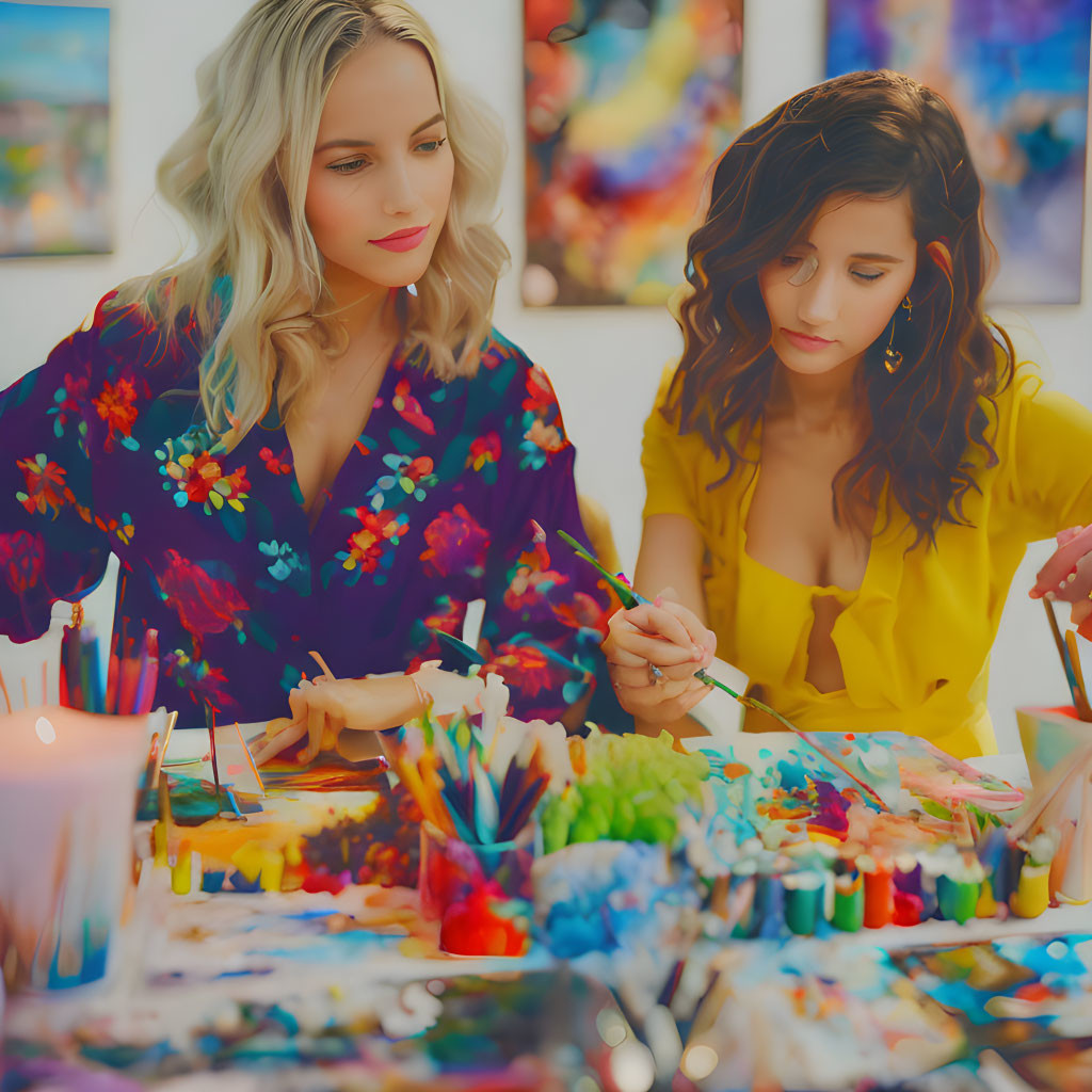 Two women painting in colorful art studio with art supplies.