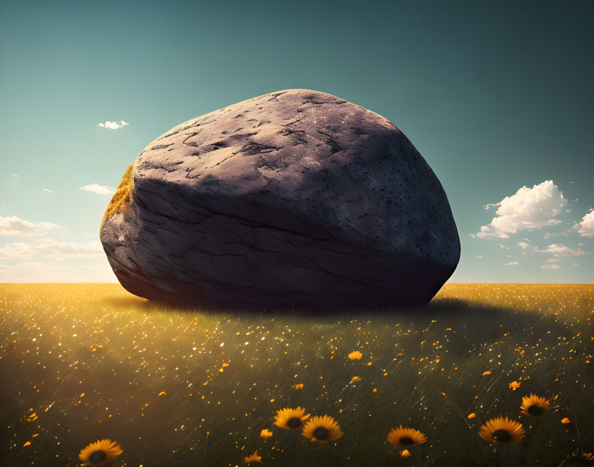 Textured rock in sunflower field under clear sky