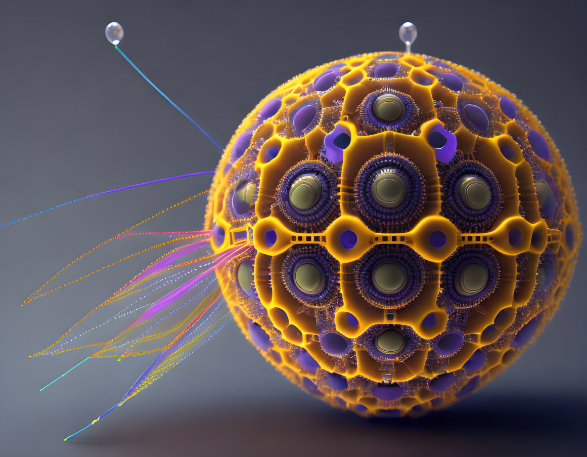 Abstract 3D-rendered sphere with yellow and purple patterns and glowing antenna-like elements