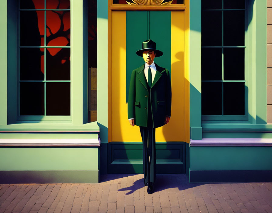 Person in Green Suit with Bowler Hat Standing by Bright Yellow Door