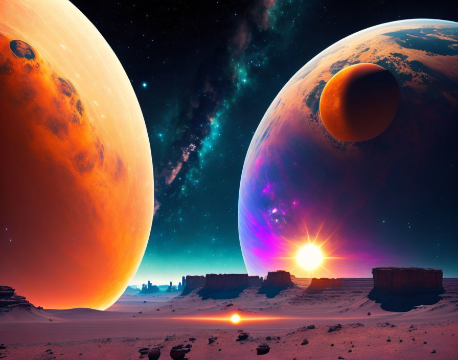 Colorful sci-fi desert scene with large sun, planets, and starry sky.