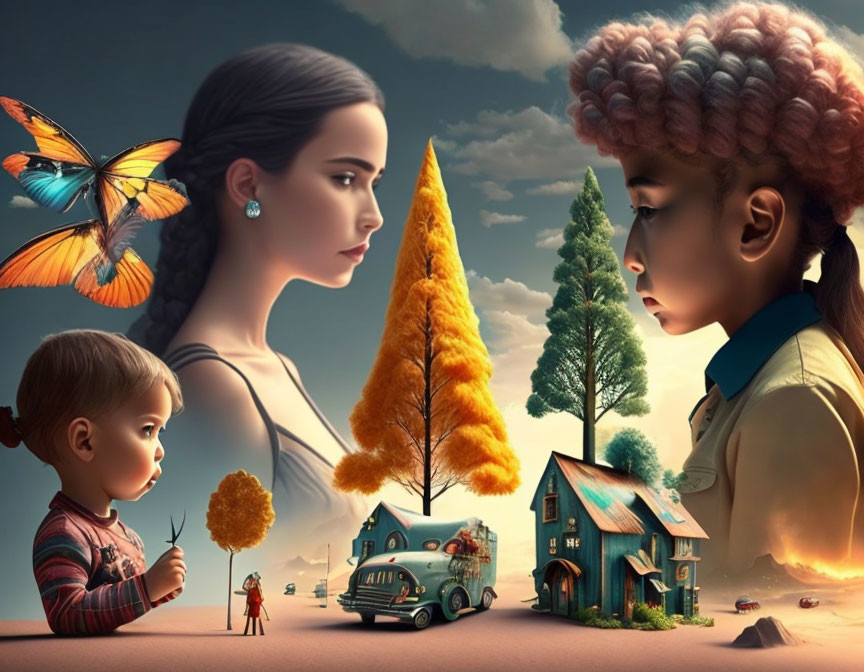 Surreal artwork featuring woman, child, and girl with whimsical elements